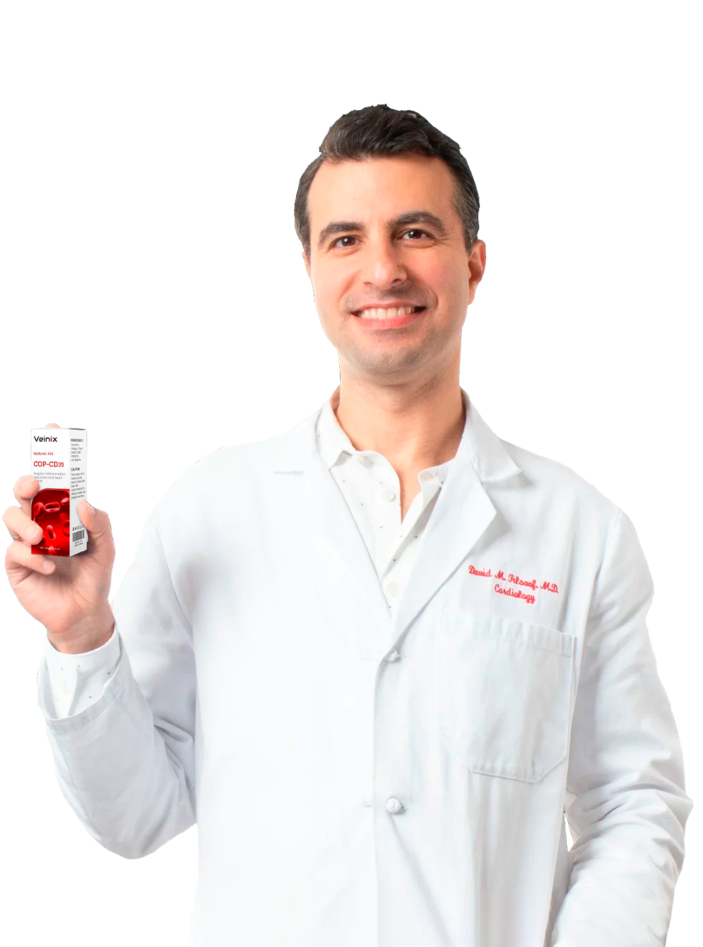 Male physician smiling and wearing lab coat with Juvenon logo